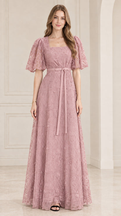 Front view of model wearing dusty rose lace maxi formal dress