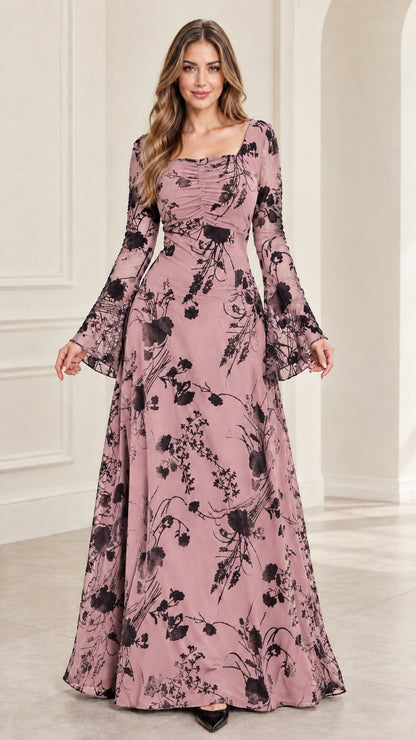 Front view of model wearing dusty rose pink floral burnout maxi dress