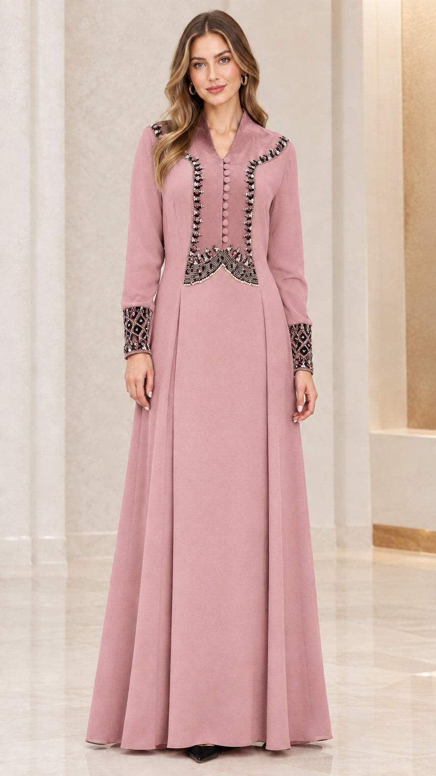 Dusty pink long sleeve beaded velvet trim maxi evening dress