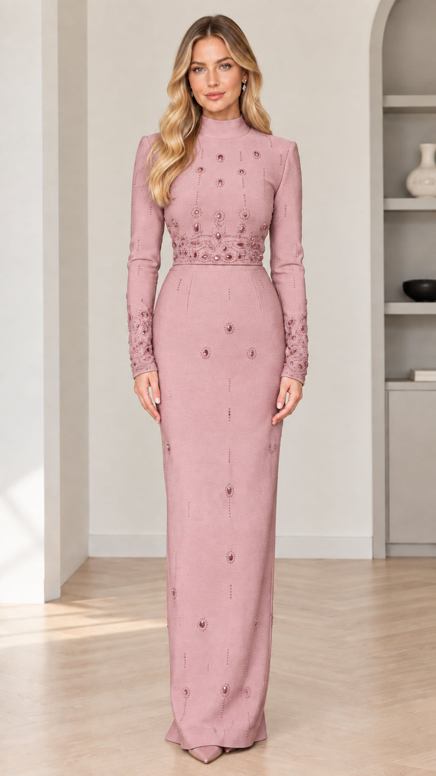 Front view of model wearing dusty pink mock neck long sleeve beaded maxi evening dress