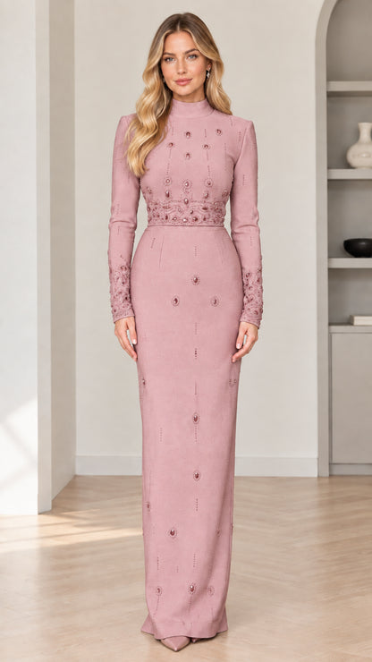Front view of model wearing dusty pink mock neck long sleeve beaded maxi evening dress