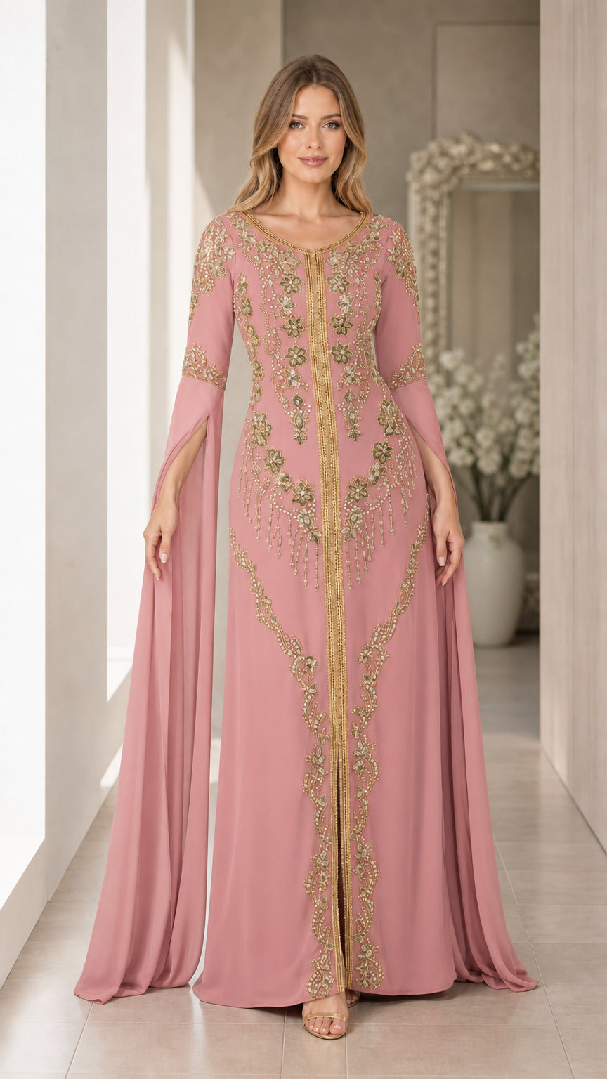 Front view of dusty pink embroidered cape sleeve kaftan evening dress
