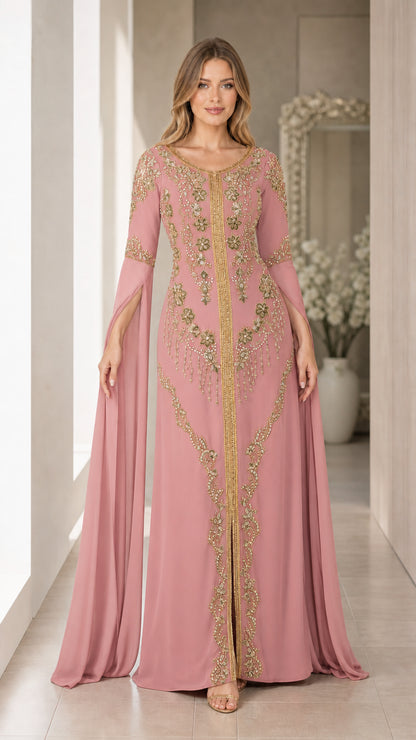 Front view of dusty pink embroidered cape sleeve kaftan evening dress