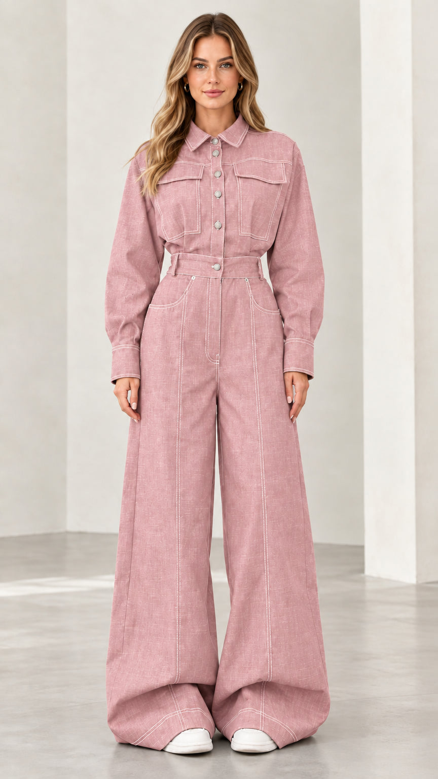 Front view of model wearing dusty pink long-sleeve wide leg denim jumpsuit