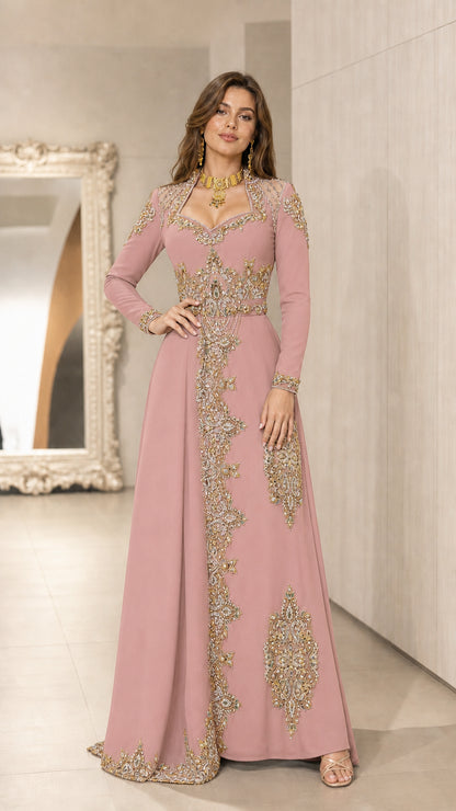 Dusty pink embroidered long sleeve kaftan formal gown