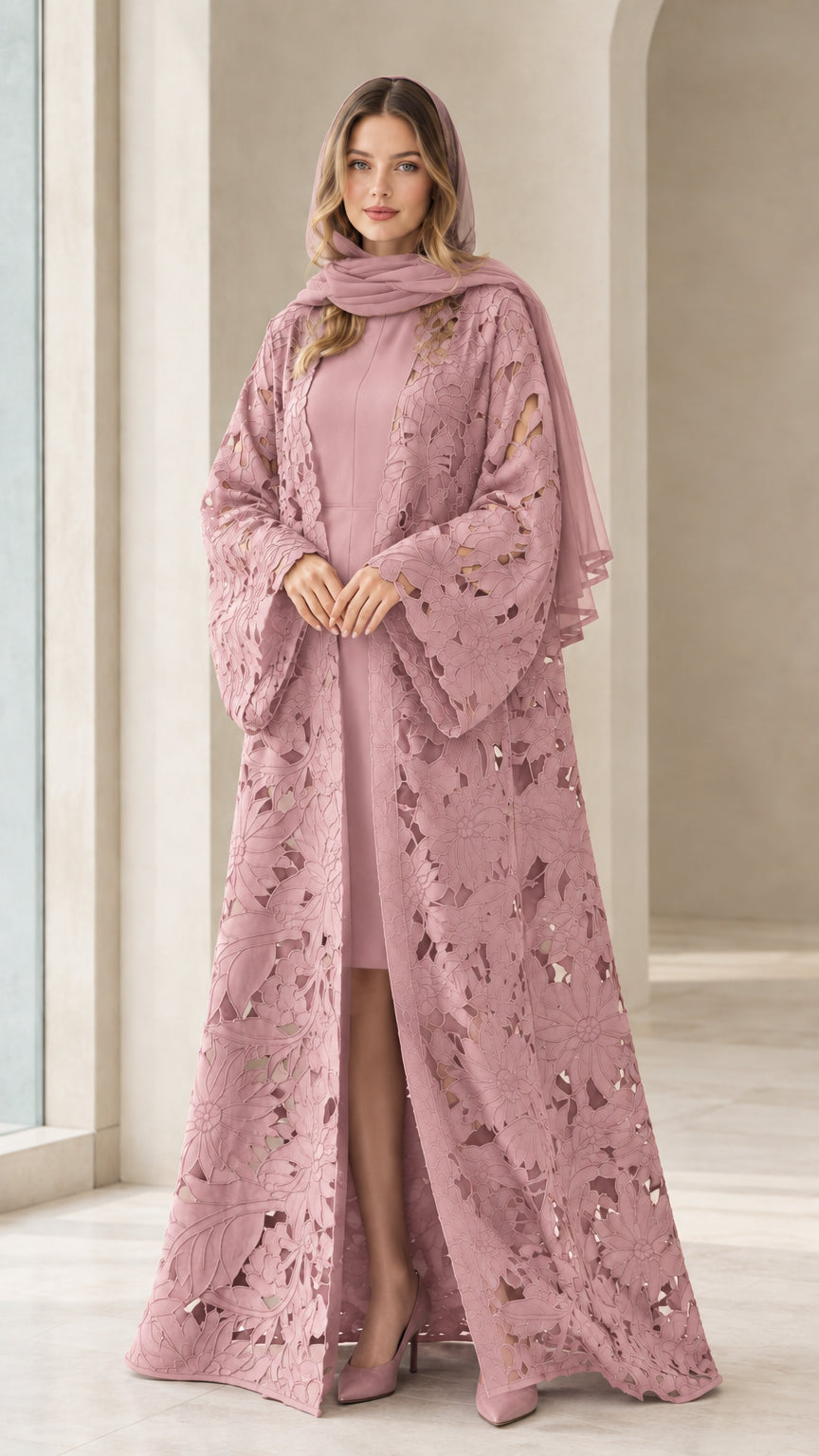 Front view of dusty pink floral cutout abaya set with coordinating scarf