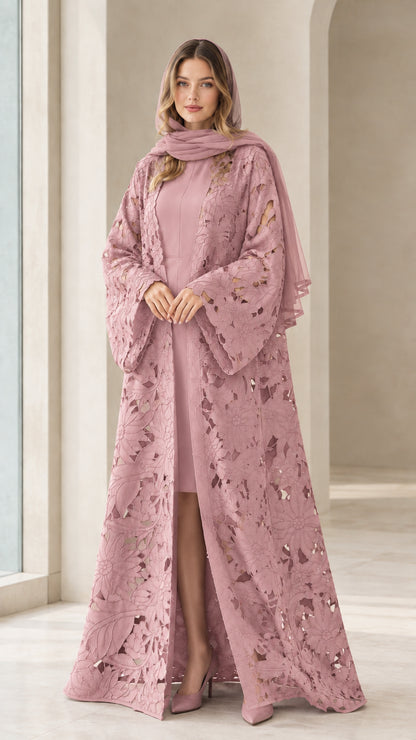 Front view of dusty pink floral cutout abaya set with coordinating scarf