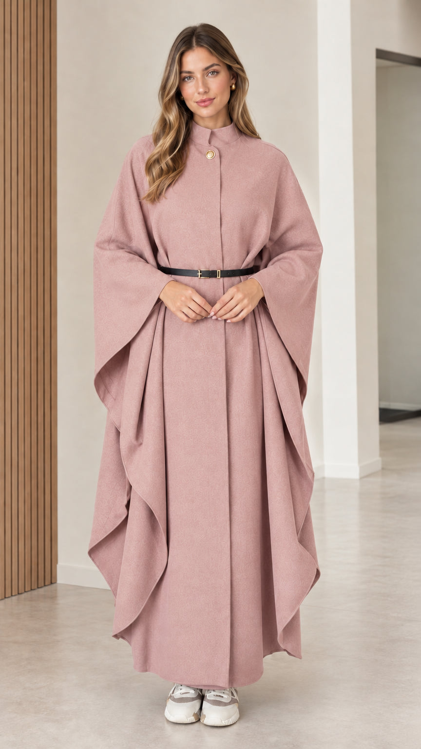Women's elegant dusty pink belted maxi cape coat