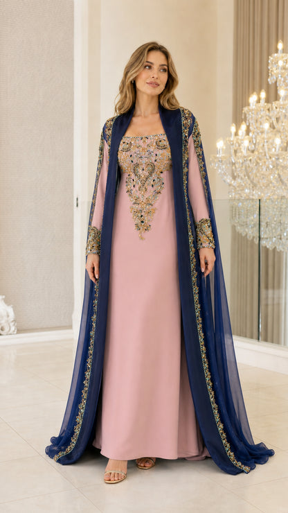 Model wearing Blush Pink embellished maxi dress with navy chiffon cape