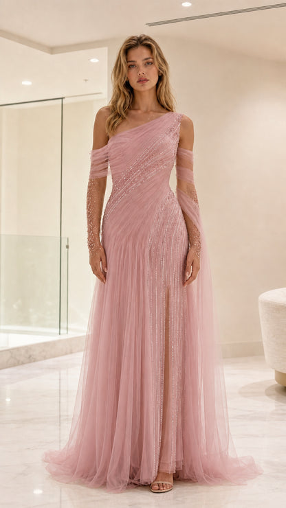 Front view of blush pink one-shoulder sequin tulle evening gown with draped sleeves