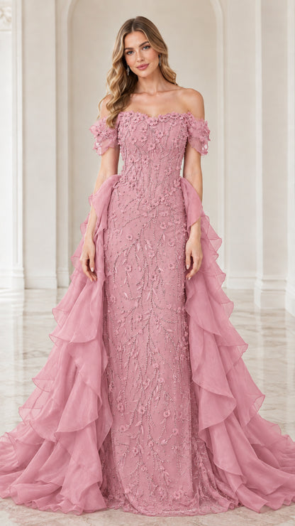 Dusty pink off-the-shoulder 3D floral formal gown with tiered ruffle train