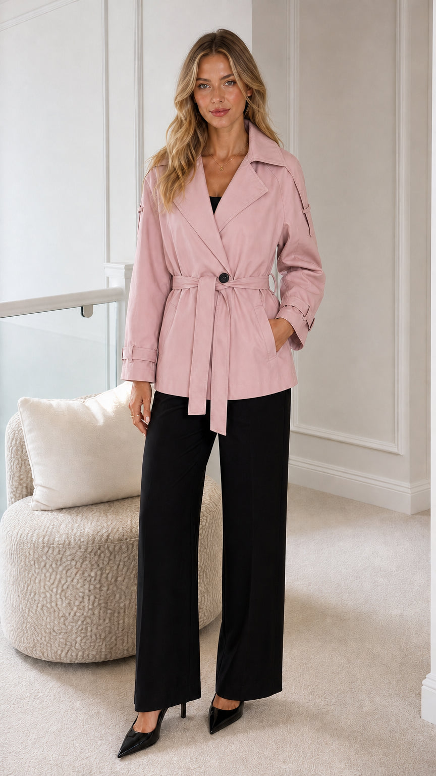 Model wearing blush pink short belted trench coat with lapel collar