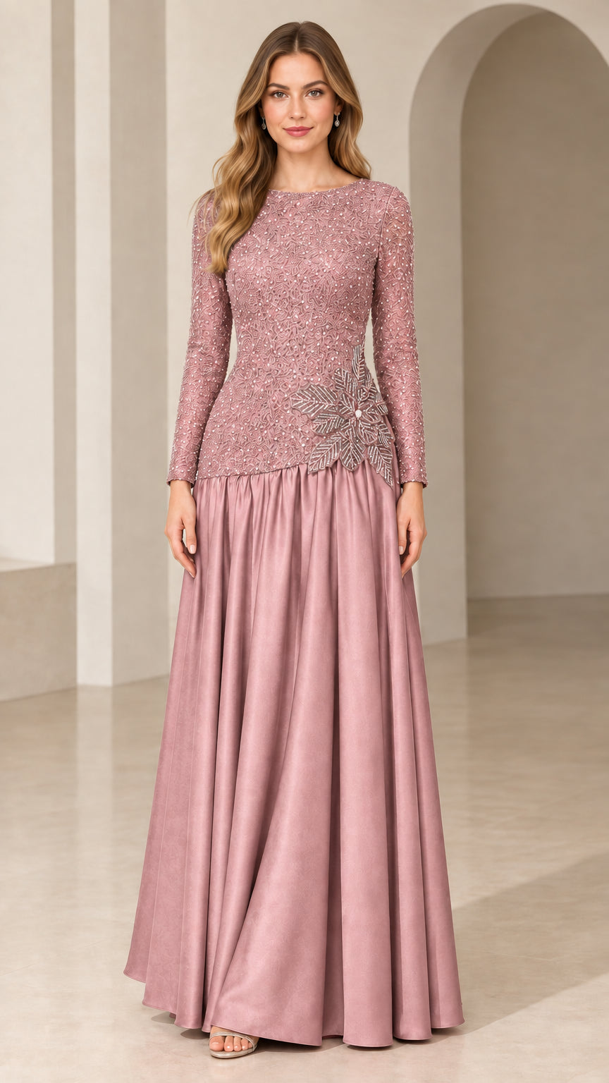 Dusty rose pink long sleeve sequin formal maxi evening gown