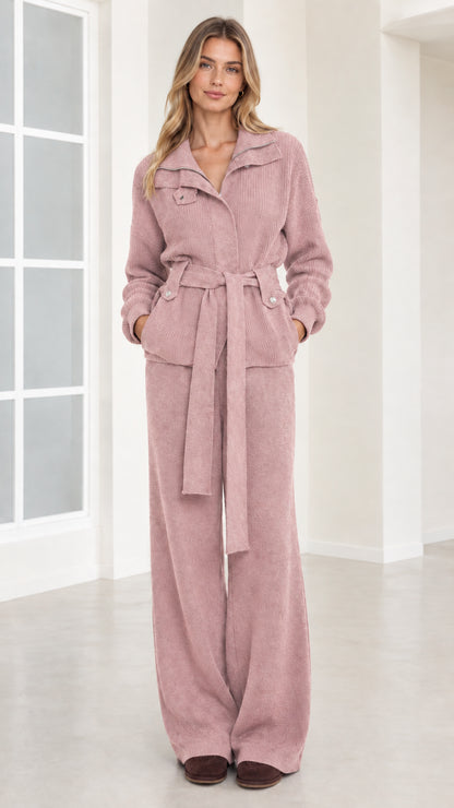Front view of woman wearing dusty pink ribbed knit belted two-piece set
