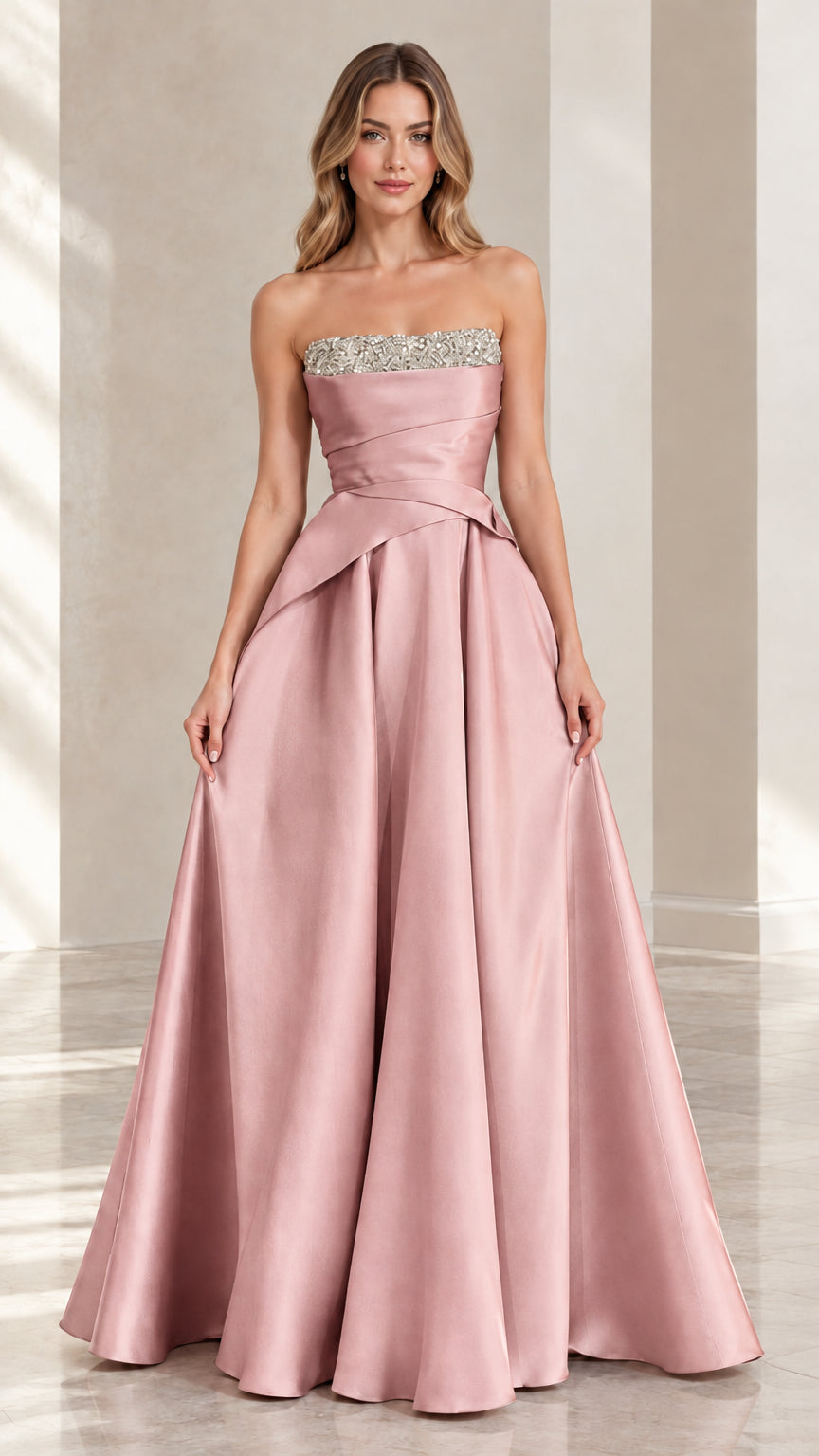 Dusty Rose strapless satin beaded neckline evening dress