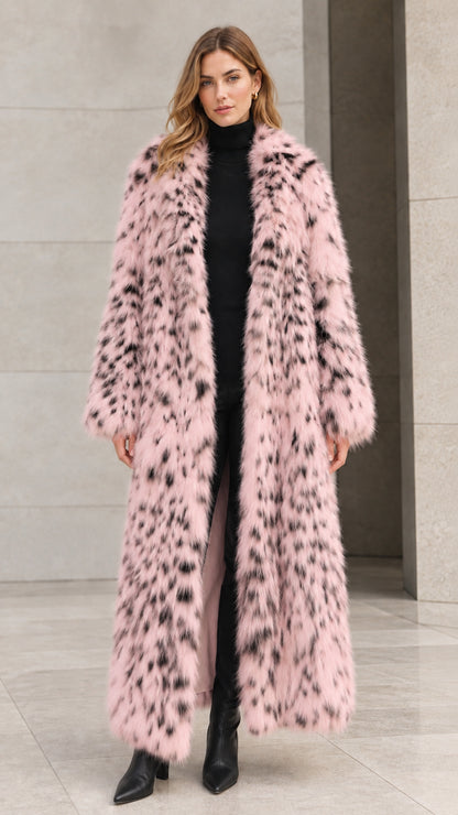 Full-length blush pink speckled faux fur maxi coat on model