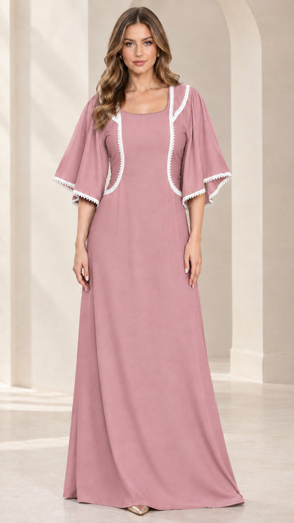 Front view of dusty pink flutter sleeve square neck maxi dress with white trim