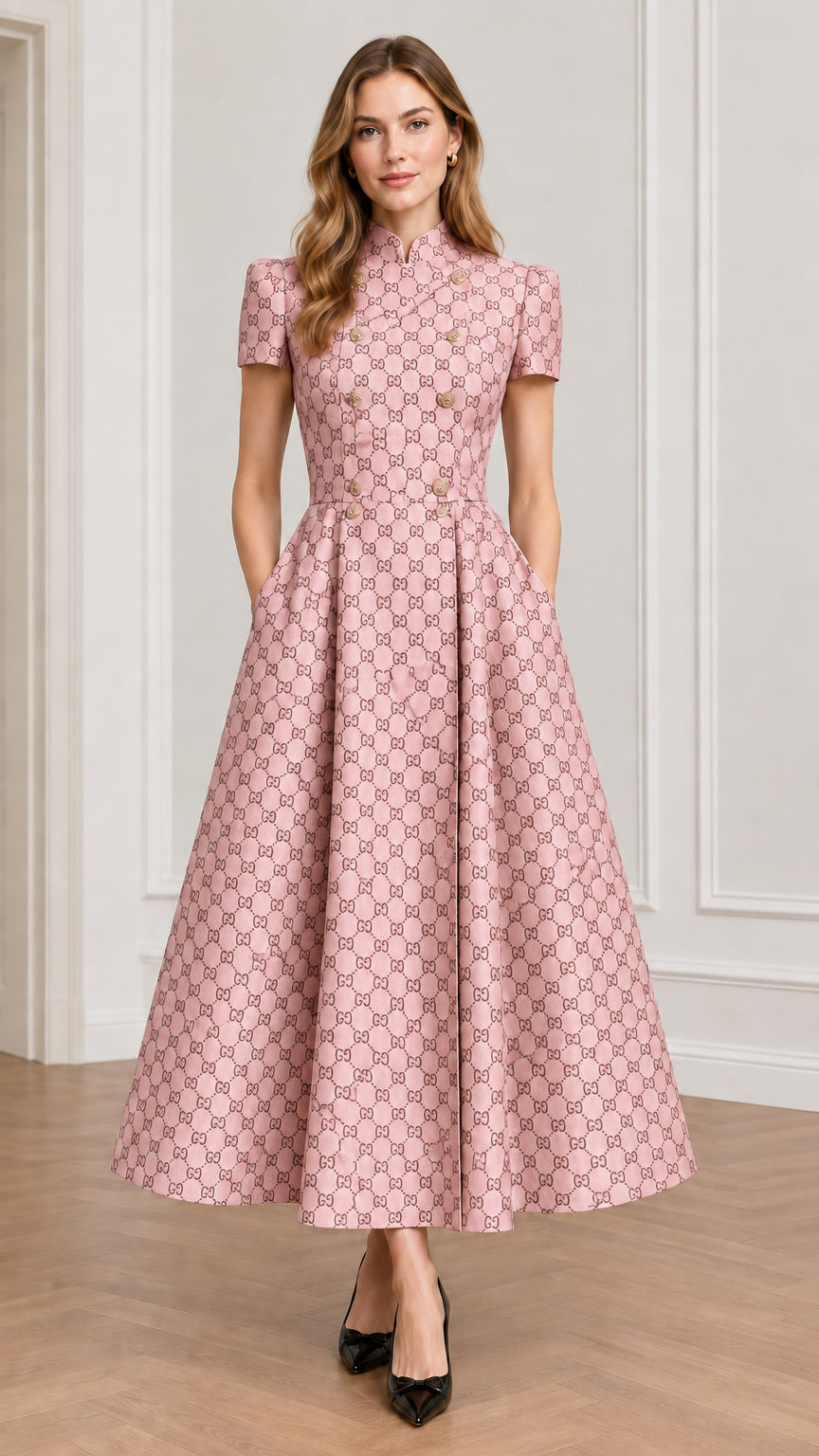 Model wearing pink geometric jacquard stand collar midi dress with flared pleated skirt