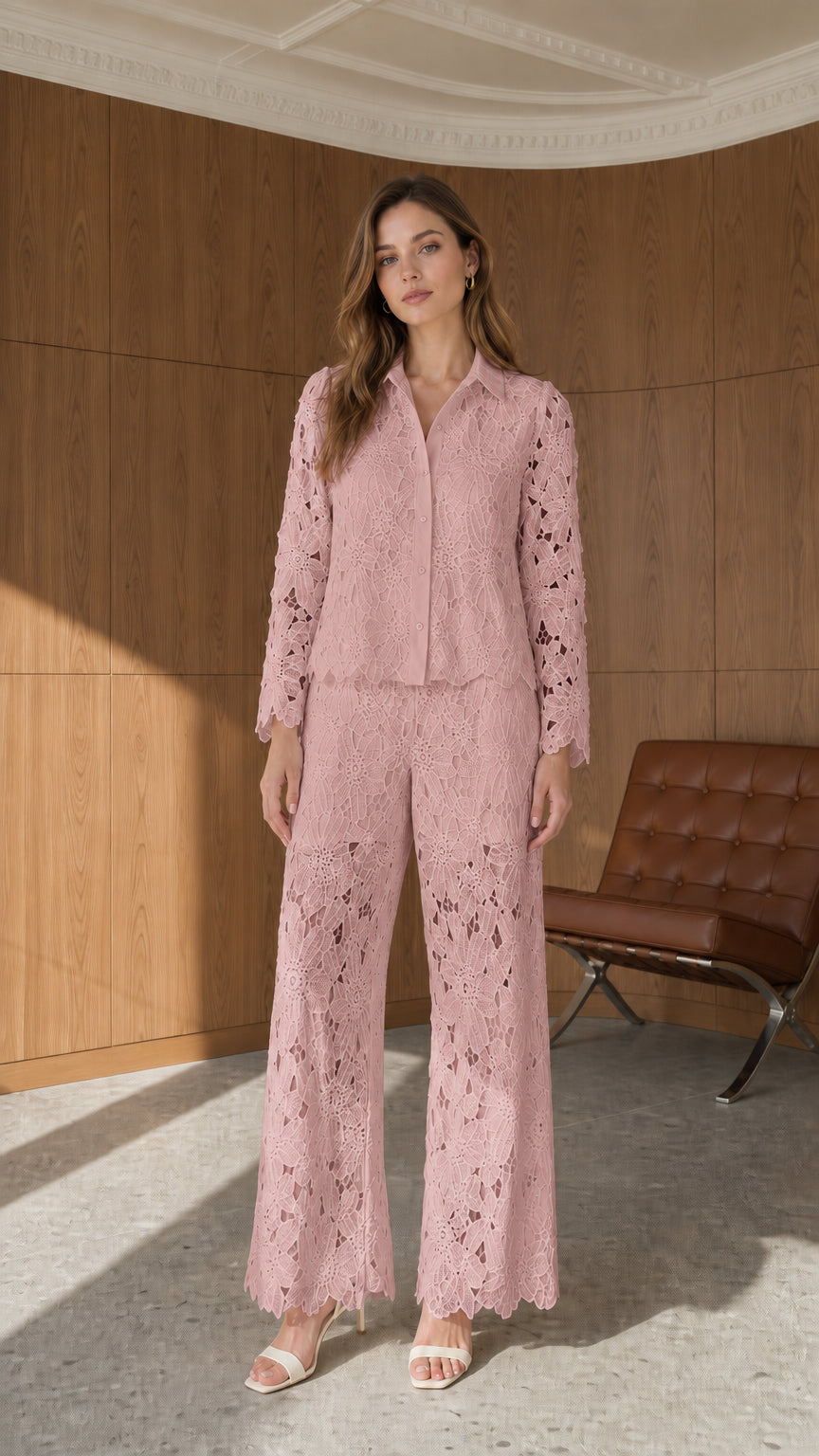 Front full view of dusty pink floral lace collared shirt and palazzo pants set