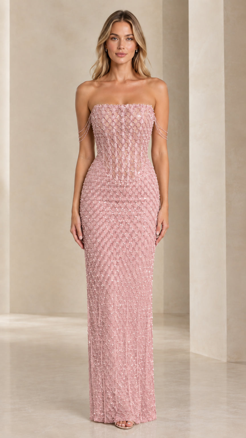 Front view of model wearing Dusty Pink strapless beaded column maxi dress