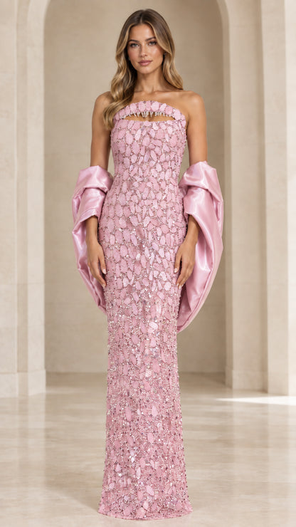 Blush Pink strapless embellished evening dress with blush satin sleeve accents