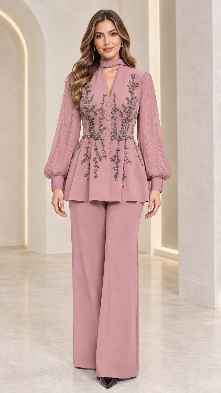 Full front view of dusty rose pink beaded peplum trouser suit