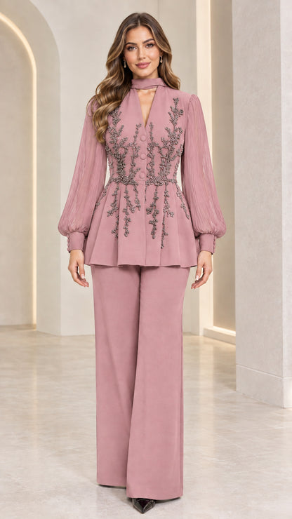 Full front view of dusty rose pink beaded peplum trouser suit