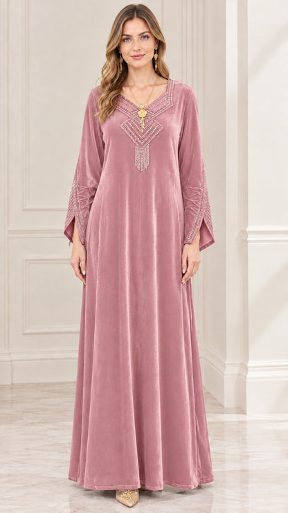 Dusty pink embellished velvet long gown front view