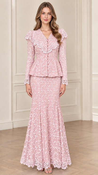 Pink floral lace peplum jacket and mermaid maxi skirt set
