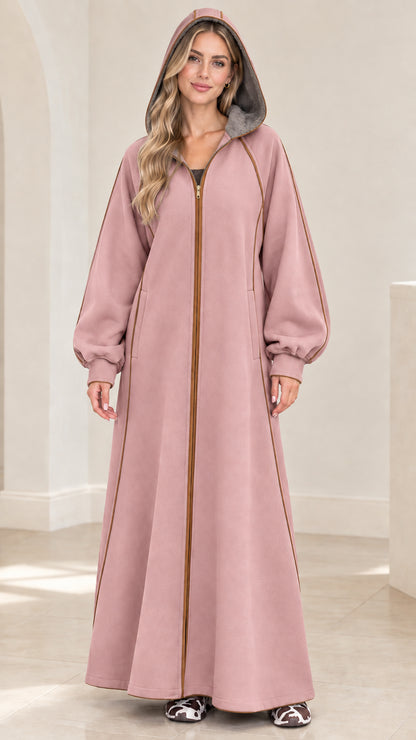 Women's hooded full-zip maxi robe coat in dusty rose pink