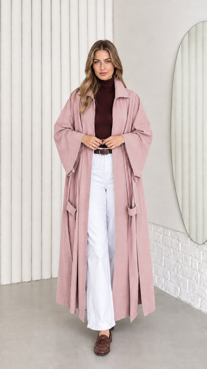 Women's oversized maxi trench duster coat in dusty rose pink