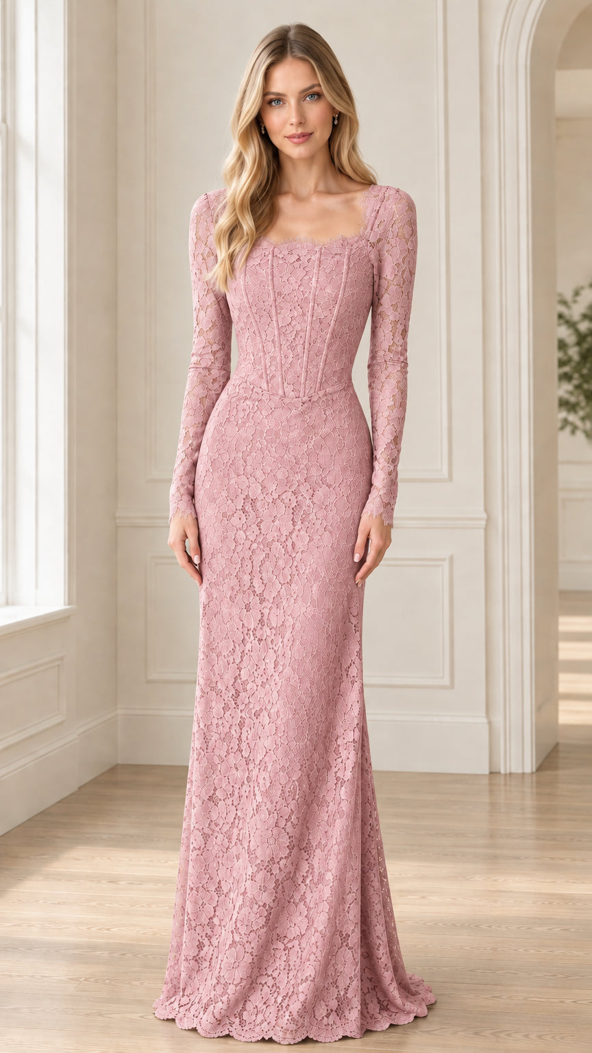 Front view of dusty pink floral lace long sleeve formal maxi gown