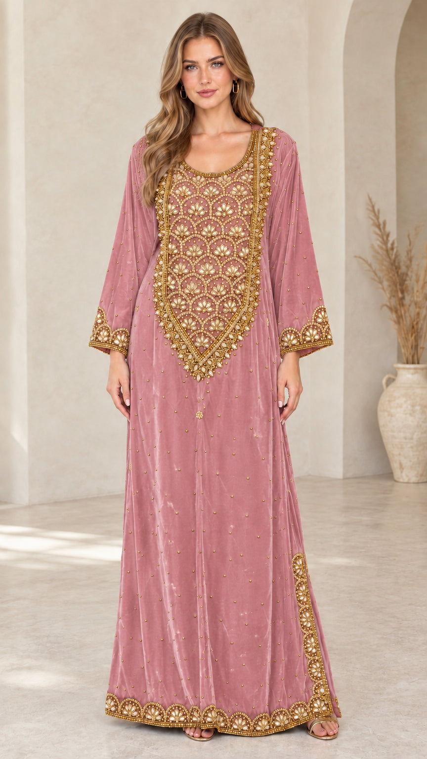 Dusty pink velvet embroidered kaftan maxi dress