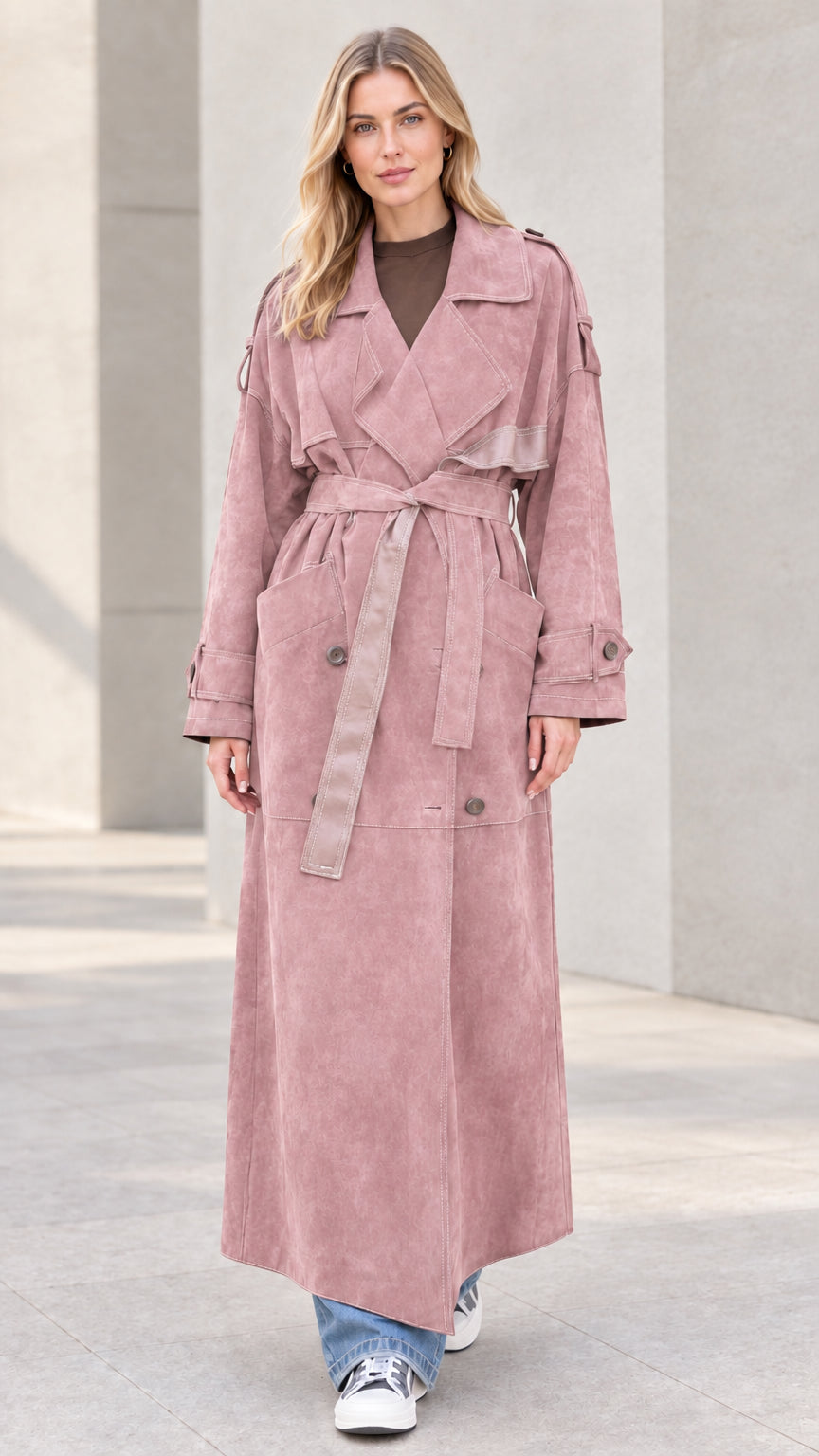 Front view of model wearing dusty pink maxi suede-finish trench coat