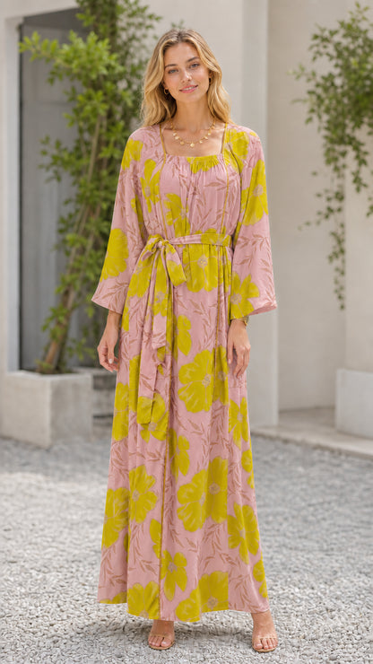 Dusty pink floral print belted long sleeve maxi dress