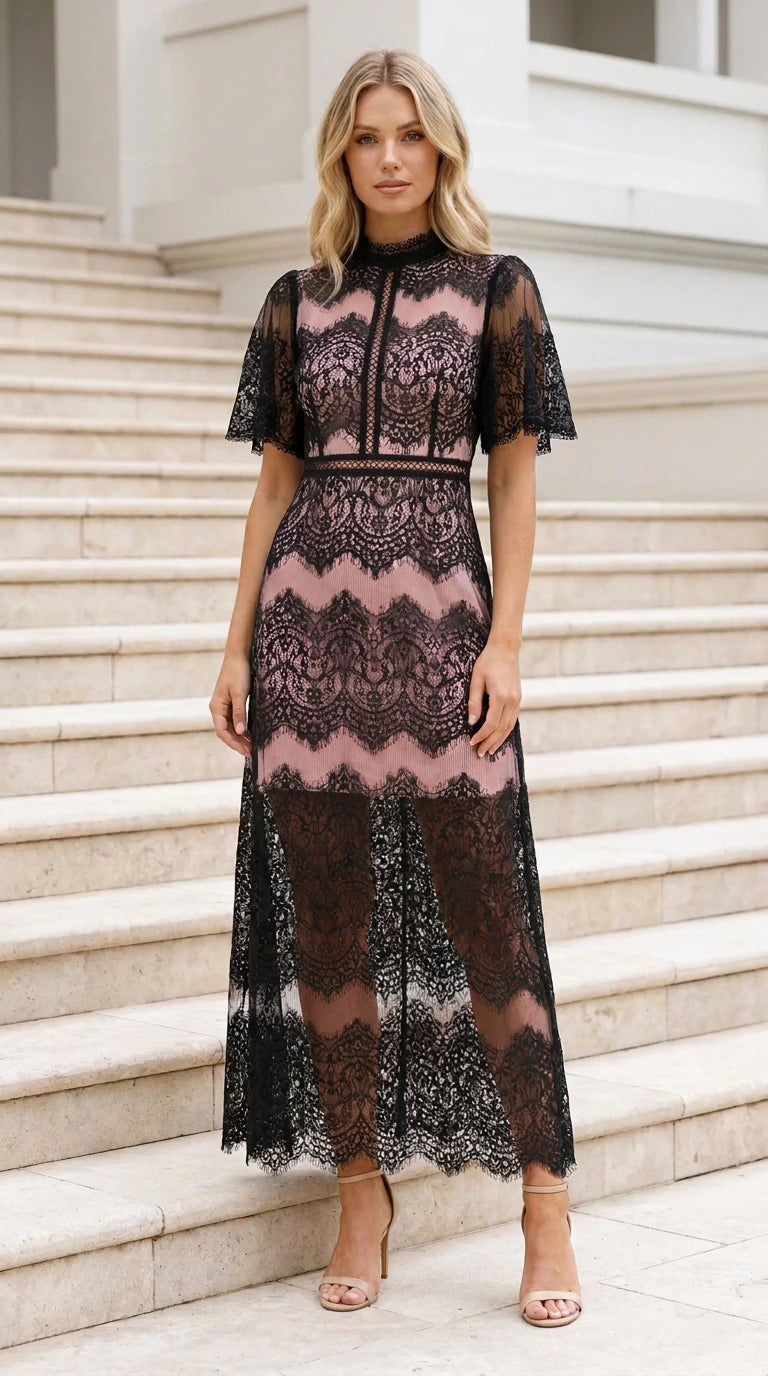 Black eyelash lace maxi dress over dusty rose lining