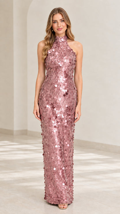 Dusty pink halter neck sequin column maxi gown
