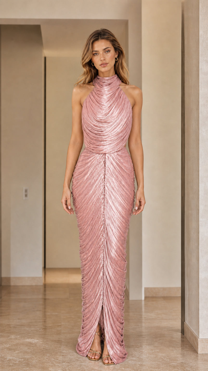 Front view of high neck pleated shimmer maxi dress in blush pink