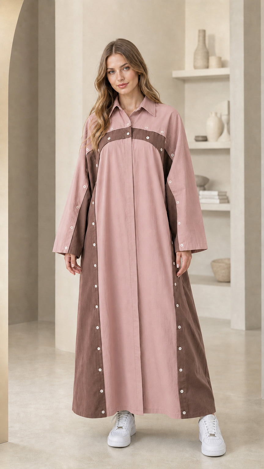 Dusty Pink colorblock maxi shirt dress with button accents