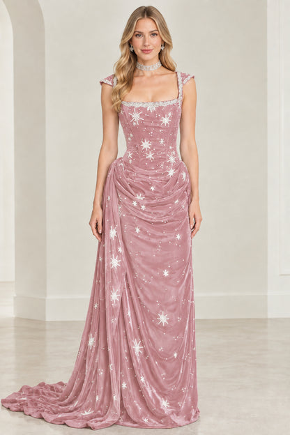 Dusty pink velvet formal gown with celestial star embroidery