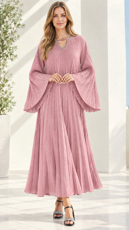 Front view of dusty pink pleated bell sleeve maxi evening dress