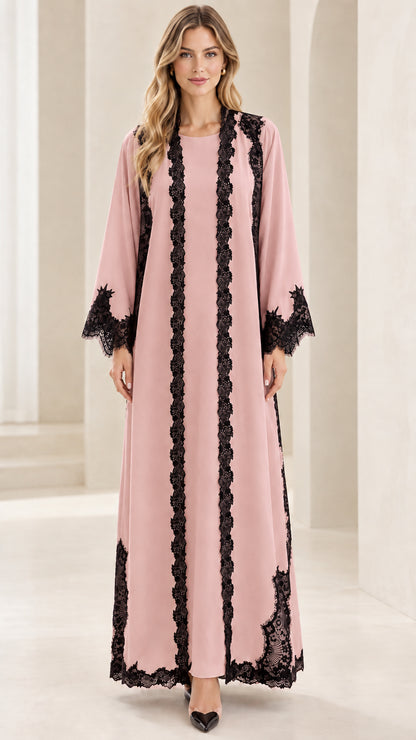 Full-length dusty pink modest abaya dress with black lace trims