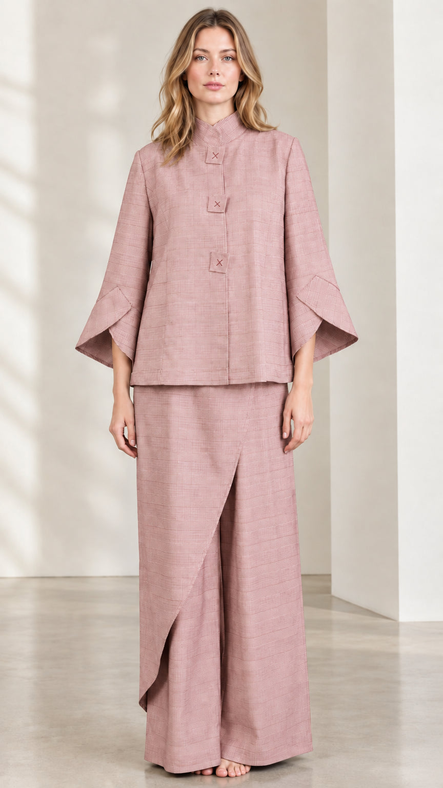 Dusty Pink Mandarin Collar Jacket and Asymmetric Wide-Leg Pants Set