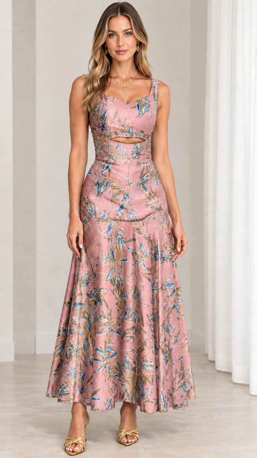 Front view of blush pink floral print sleeveless cutout maxi dress