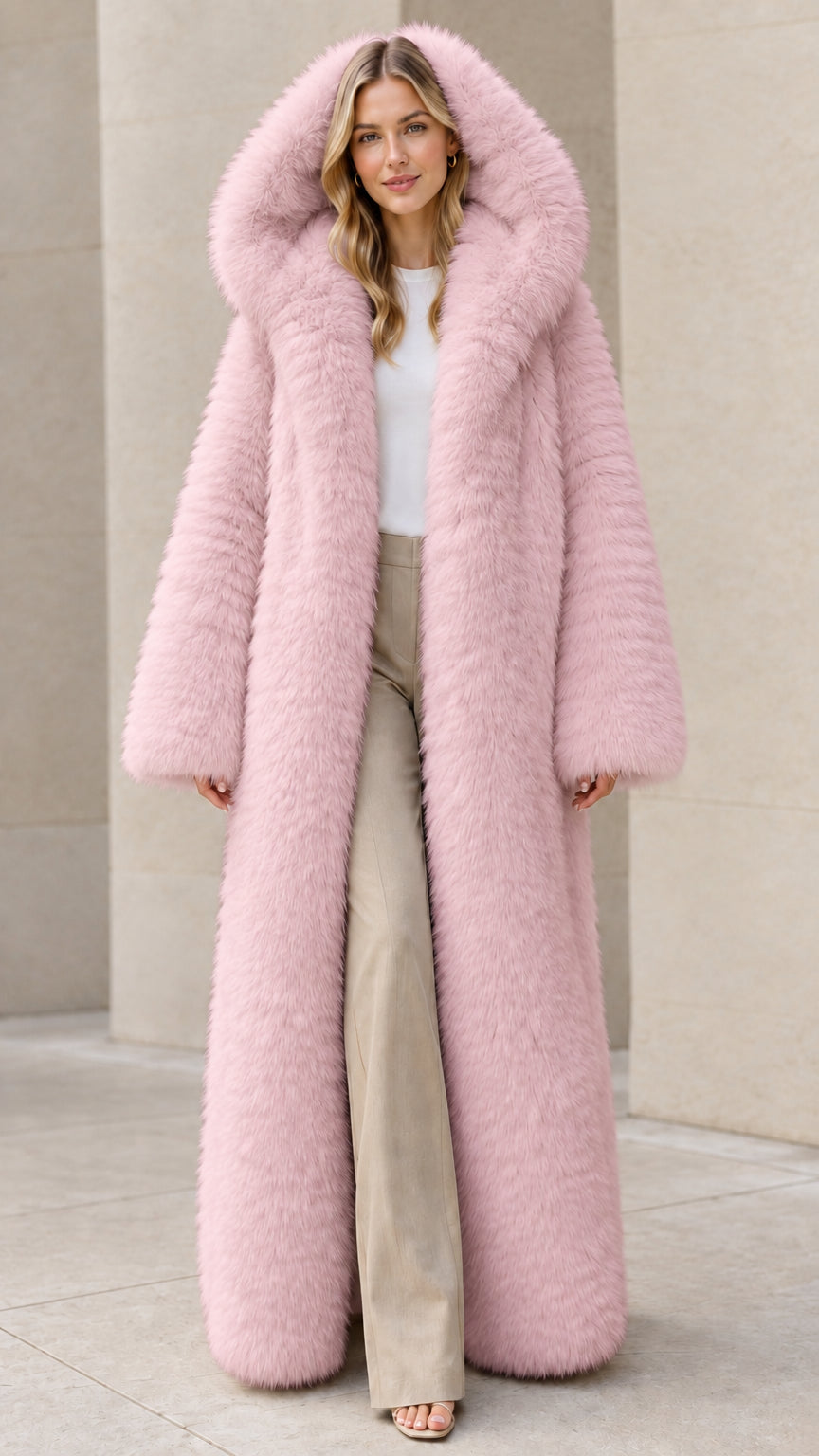 Women's blush pink floor-length hooded plush faux fur coat