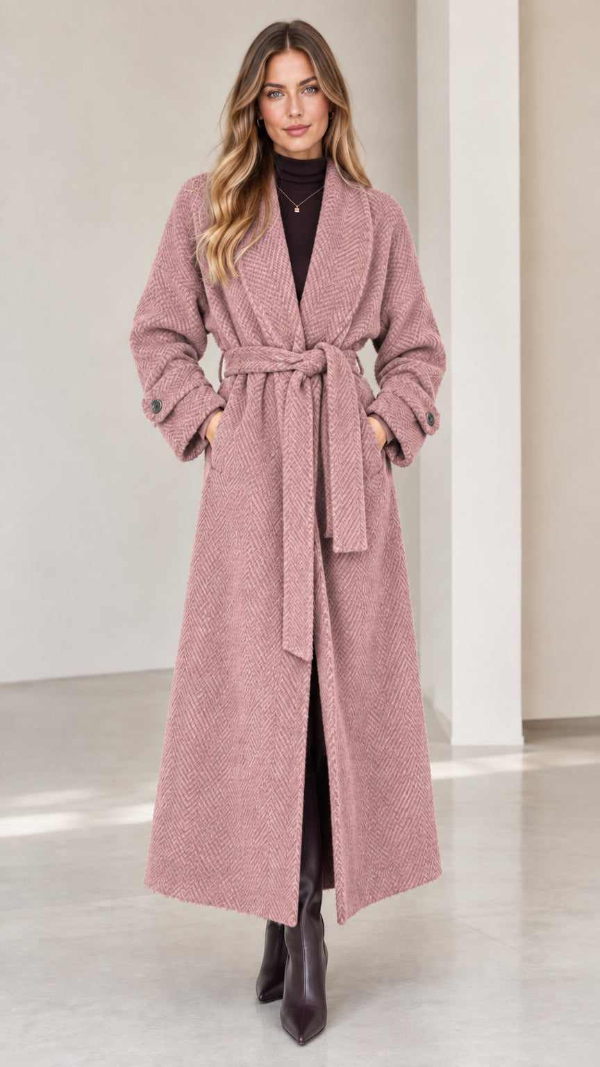 Front view of woman wearing dusty rose herringbone maxi wrap coat