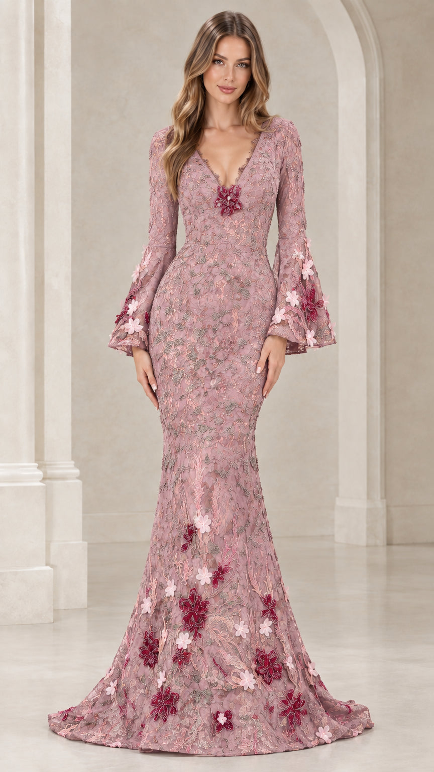 Dusty Rose floral appliqué lace mermaid gown with flared bell sleeves