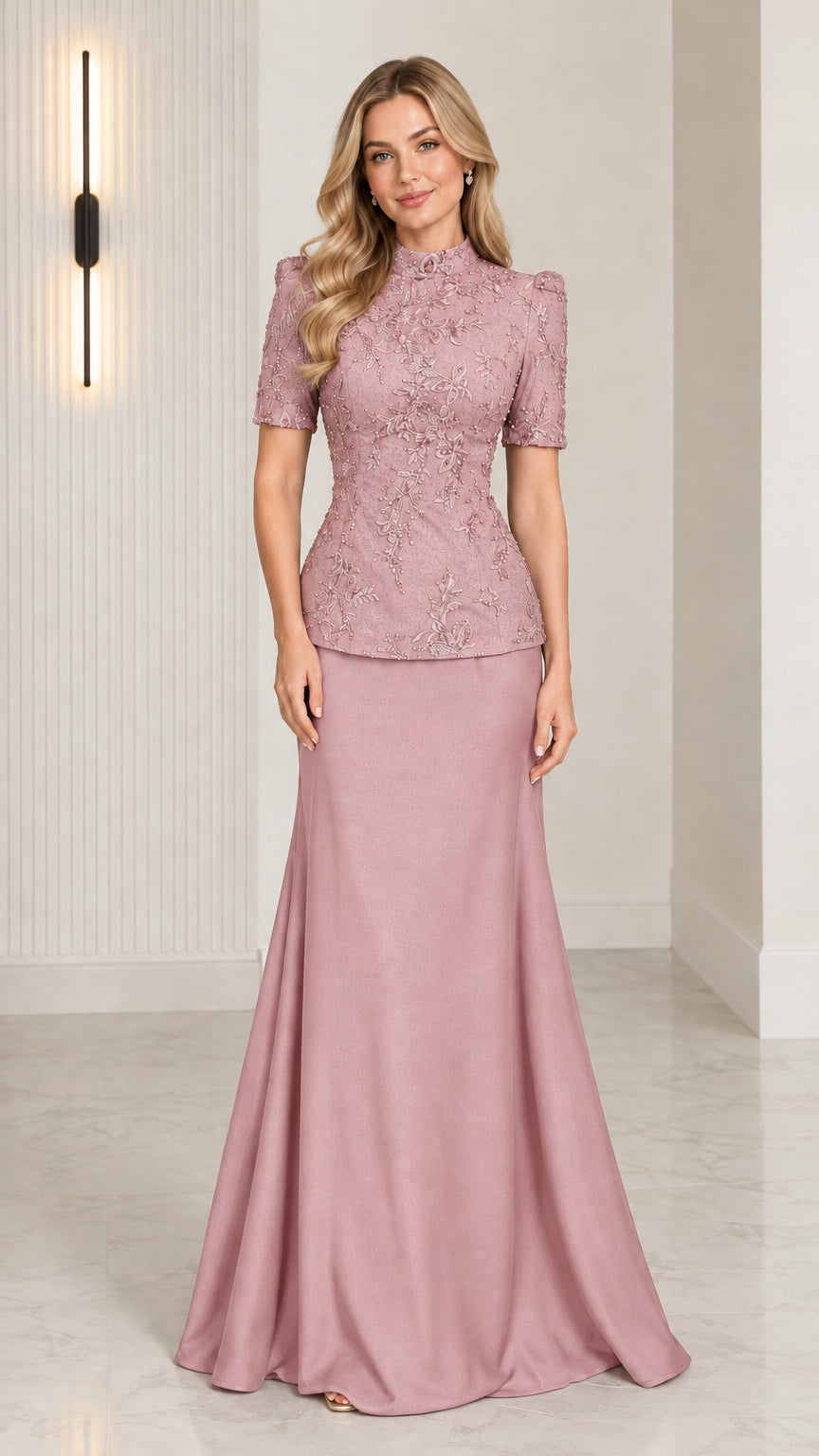 Front view of model wearing Dusty Rose beaded peplum evening gown