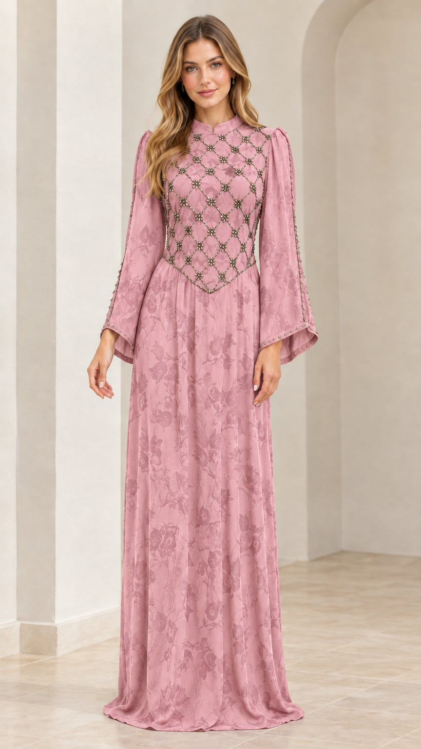 Dusty Pink modest beaded jacquard maxi dress