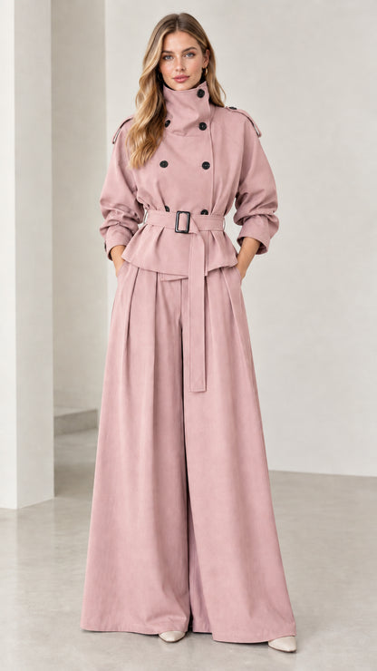 Full-length view of dusty pink belted trench jacket and wide-leg trouser suit